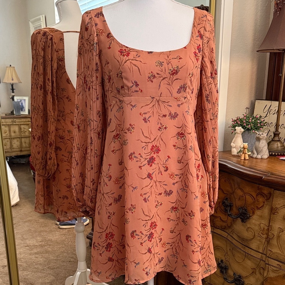 Urban Outfitters Rust Floral Long Sleeve Mini Dress